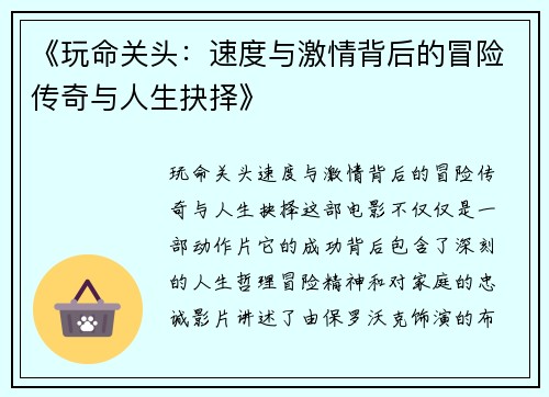《玩命关头：速度与激情背后的冒险传奇与人生抉择》