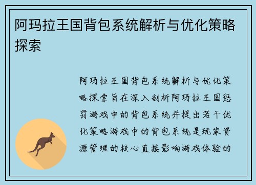阿玛拉王国背包系统解析与优化策略探索